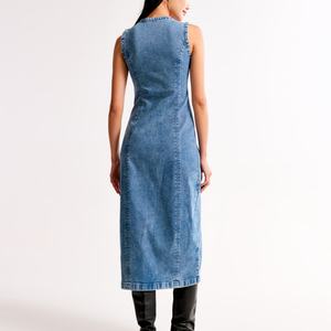 Vestido de Mezclilla con Cuello Alto, 100% Algodón, Casual, Midi, Floral, Transpirable, con Bordado de Encaje, para Verano - Product Image 2