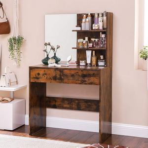 Винтажная коричневая Косметическая станция с открытыми полками и закругленными углами с 2 ящиками и зеркальным деревянным столиком для макияжа для спальни - Product Image 3