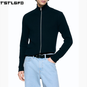 Cárdigan de punto acanalado para hombre, azul marino, corte ajustado, cremallera bidireccional, cuello alto, estilo urbano, suéteres para hombre, fabricantes al por mayor - Product Image 3