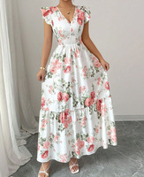 Robe longue élégante Joydressing blanche à motifs floraux, col en V sexy, manches à volants, taille smockée, robes d'été à étages, vente en gros, personnalisable