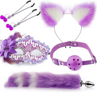 Masque BDSM pour le plaisir, pince à cheveux, queue de renard, plug anal, ensemble quatre pièces avec garniture en fourrure rouge et collier ras-du-cou pour jouet sexuel féminin