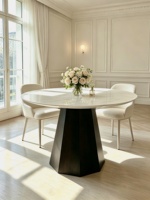 Table à manger ronde de luxe légère et personnalisable en marbre blanc royal avec base en bois massif pour villas, hôtels, salons