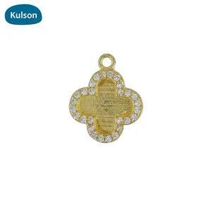 New Fashion Designs Raw Brass Zircon Four Leaves Lucky Clover Setable Pendants Charms for Jewelry Make