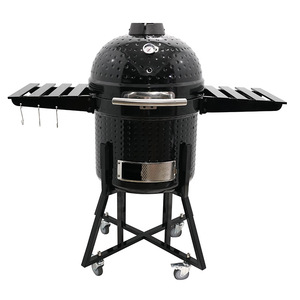 22-Inch Round Ceramic Grill Portable Smoker Outdoor BBQ Grill With Side Shelves And Wheels - Product Image 1