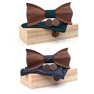 3D婚礼木制领结套装木制男士领结手帕套装木制礼品盒带袖扣