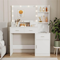 Coiffeuse avec miroir LED, table de maquillage avec tiroirs, armoire et étagères ouvertes, station de maquillage pour chambre à coucher