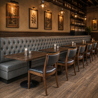 Ensemble de mobilier commercial Ron Group OEM/ODM pour restaurant, café, bar : comptoir, table carrée en bois, chaise en cuir, banquette capitonnée.