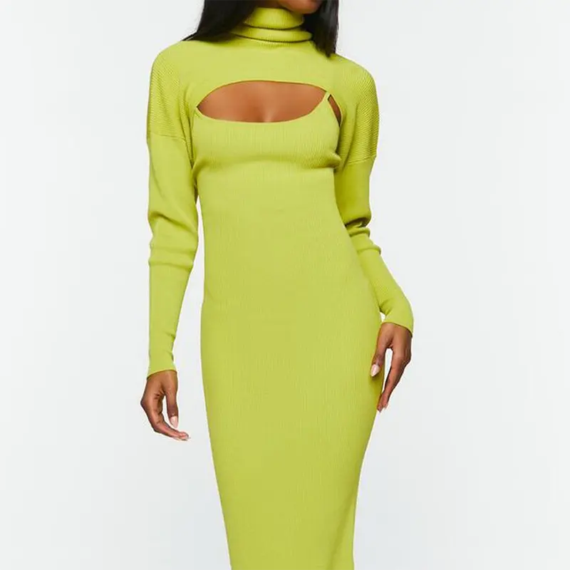 Venta caliente Color sólido Sexy Bodycon Mujeres Otoño Suéter de punto Midi Vestido y Bolero Conjunto Suéter Vestido Sexy Midi Suéter Vestido