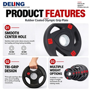 แผ่นน้ำหนักยาง TriGrip แบบขายส่งจำนวนมาก 3 ห่วงจับ สำหรับบาร์เบลล์โอลิมปิก พร้อมสัญลักษณ์น้ำหนักแบบนูนชัดเจน - Product Image 3