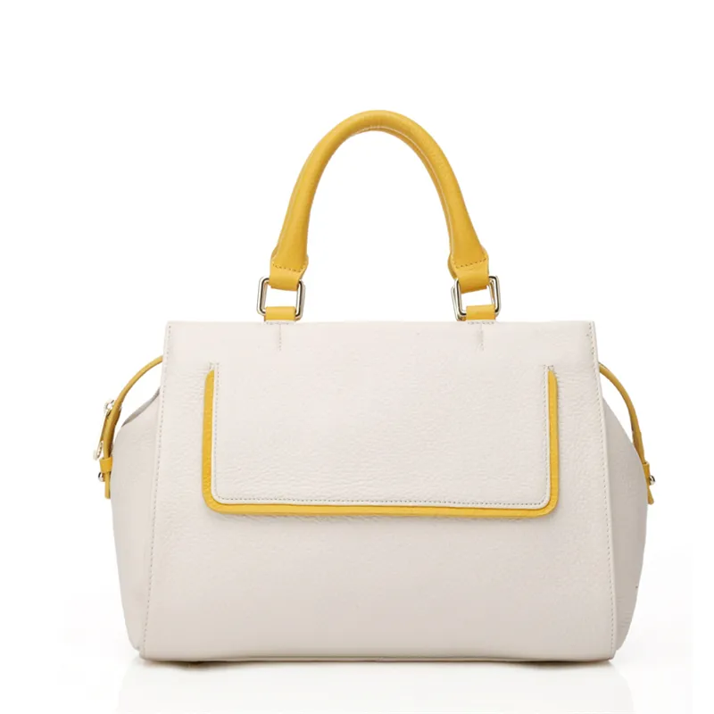 Custom Logo Luxury White And Yellow Genuine Leather Tote Bag For Women Hand Bag Tote Bag