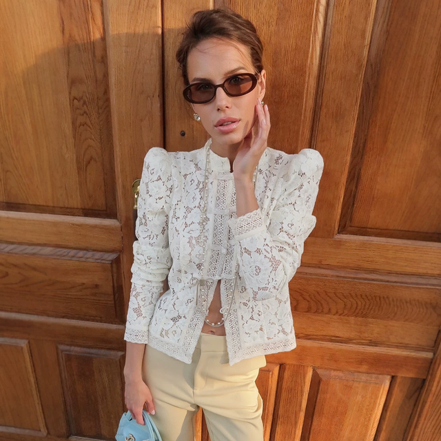 High Quality Sexy Hollow Out Cotton White Lace Blouse Lady Long Sleeve See-Through Stand Collar Shirt