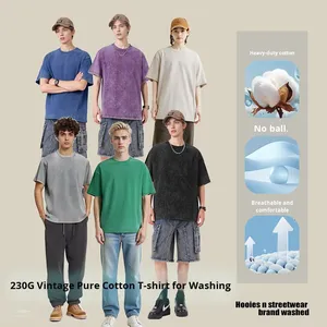 크로스보더 여름 230G 코마면 통기성 디스트레스드 반팔 남성 루즈 빈티지 10대 트렌디 티셔츠 도매 - Product Image 5
