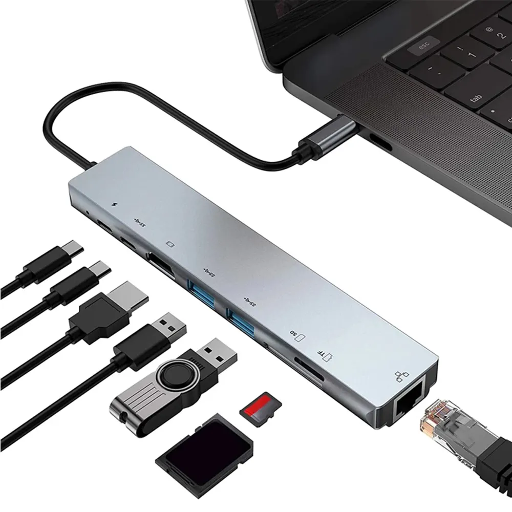 8 in 1 Type C USB Hub 4K 30Hz Type C to HDTV RJ45 100M Network Card USB C Hub Adapter for MacBook Docking Station