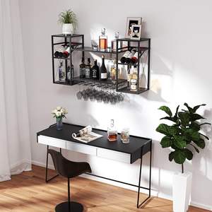 رف نبيذ كبير شديد التحمل من مستويين مثبت على الحائط 6 حامل أرفف أنابيب صناعية رف تخزين أسود بار منزلي - Product Image 5