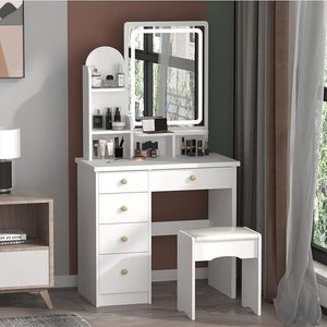 <span class=keywords><strong>Coiffeuse</strong></span> de luxe moderne avec miroir <span class=keywords><strong>LED</strong></span> et tabouret – Meuble de vanité personnalisable pour chambre à coucher - Product Image 5