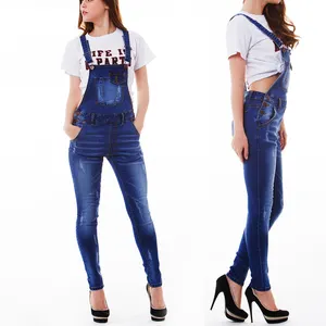 Nhà Sản Xuất Trung Quốc Ladies Quần Áo Phụ Nữ Denim Cổ Điển Ripped Skinny Treo Quần Jeans Overalls/Womens Jean Màu Xanh Jumpsuit