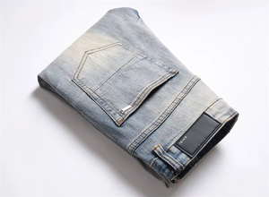 Jeans pour hommes de haute qualité, style vintage, coupe droite, tendance streetwear, avec patchs déchirés et broderies décontractées - Product Image 4