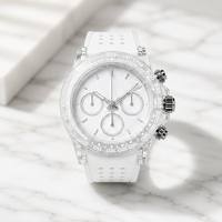 Jam Tangan Kronograf Dial Kaca Mewah Logo Kustom Langsung dari Pabrik, Dial Putih Tali Karet, Pria Sport Quartz