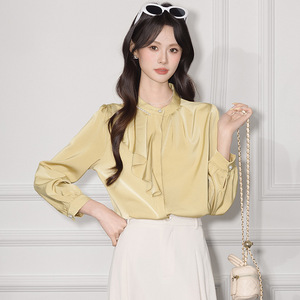 Pale Yellow Women's Blouse Long Sleeve Ruffled Trim Solid Color Korean Style Everyday Wear Polyester Shirt - Product Image 1