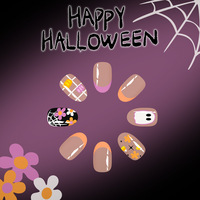 Faux ongles courts brillants ovales pré-dessinés, style français, Halloween, motifs fantôme, chauve-souris, citrouille, carreaux et floraux, 24 pièces