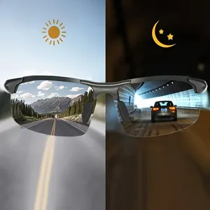 Alüminyum çerçevesiz fotokromik güneş gözlüğü erkekler polarize gündüz gece sürüş gözlükleri bukalemun parlama önleyici gözlük
