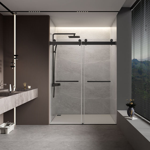 Sliding Shower Door Frameless Matte Black Hardware Tempered Safety Glass Enclosure for Luxury Modern Bathroom Design