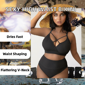 Sexy Solid Color High Waist Plus Size Two-Piece V-neck Quick Dry Women's <b>Bikini</b> Swimwear - Product Image 2