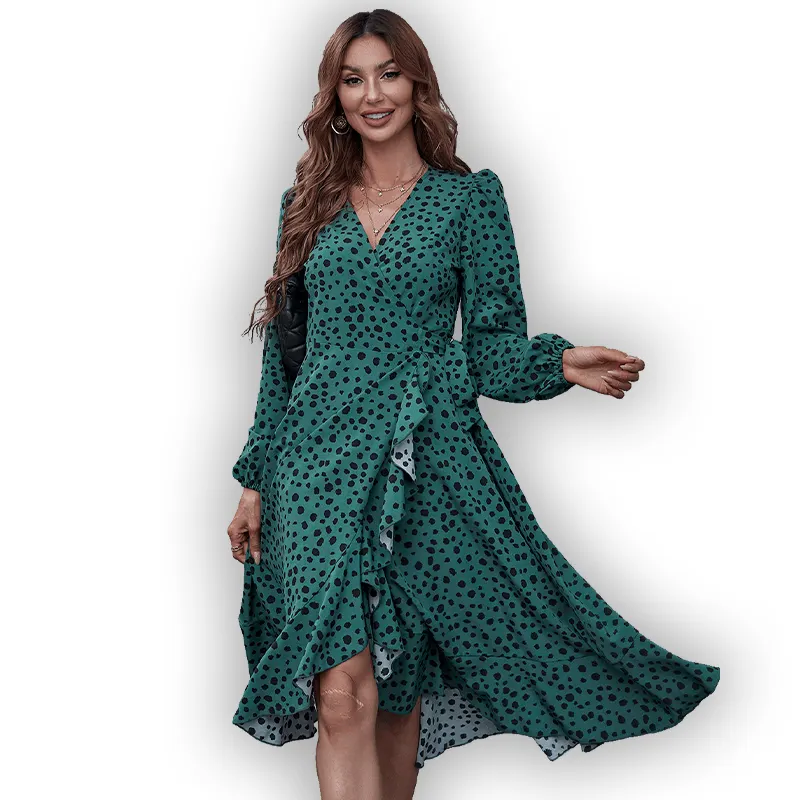 Women wholesale dresses long sleeves chiffon casual dress Dark green V-neck speckle print design ladies elegant long dress