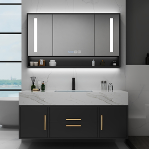 Conjunto de Armário de Banheiro com Lavabo de Cerâmica Sem Costura em Laje de Rocha, Armário Personalizado em Madeira Sólida Multi-camadas para Uso Doméstico - Product Image 2