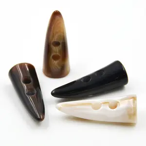 Fashion 2 holes button polyester sewing resin horn tooth shape coat toggle button for garment