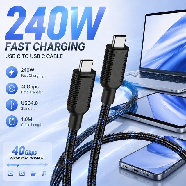 240W USB-C to USB-C Cable 1M 40Gbps High Speed Data Transfer Fast Charging Nylon Braided Type-C Cable