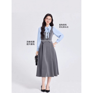 Women's Blue Long Sleeve Blouse With Bow Slim Fit Mid Length Office Commute Poplin Shirt KR8103 - Product Image 1
