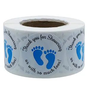 Wholesale 1.5 inch 500 pieces per Roll Lovely Blue Baby Footprint Showering Thank You for Showing With US Sticker