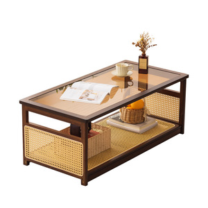 Rectangular Rattan And Glass <b>Coffee</b> <b>Table</b> Tempered Glass Top Solid Wood Nordic Style Living Room Home Use - Product Image 4