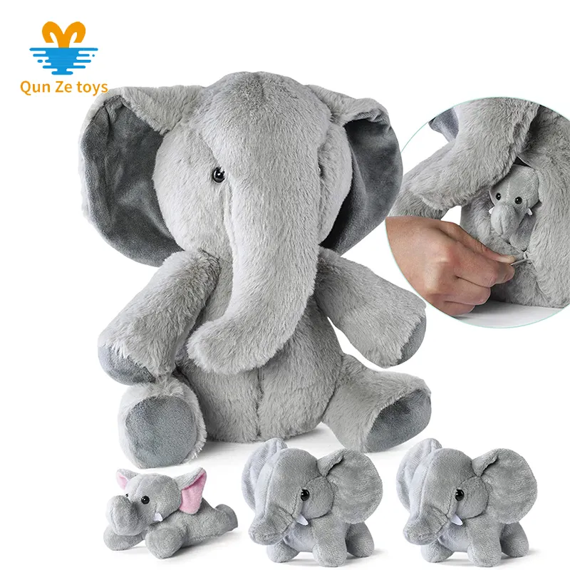 Elefante de pelúcia com zíper 5 peças, e 4 elefantes de pelúcia macia, conjunto de animais de pelúcia
