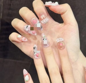 Lot de 10 <span class=keywords><strong>faux</strong></span> <span class=keywords><strong>ongles</strong></span> artisanaux réutilisables roses Kawaii 3D Ours Lapin Fraise Fleur, personnalisables avec logo - Product Image 5