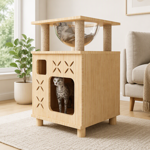 Torre per Gatti Kate Paradise H in Legno Massello a Due Livelli con Ciotola in Acrilico, Pali in Sisal e Design a X per Gatti 65cm - Product Image 2