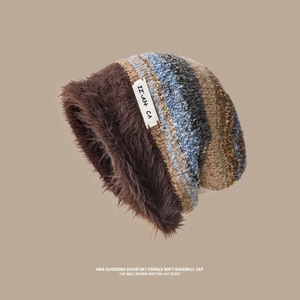 Women's Autumn Winter Beanie Coffee <b>Brown</b> Color Blocking Warm Windproof Foldable <b>Wool</b> Hat For Maternity Fashion Style - Product Image 5