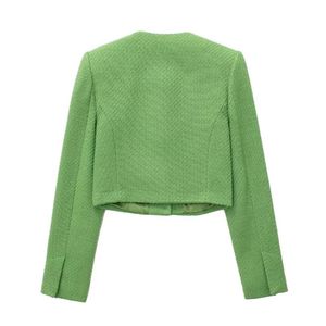 Nouveau manteau à col rond pour <span class=keywords><strong>femme</strong></span>, taille haute, slim, fleur, bouton, texture, style court, printemps/été <span class=keywords><strong>2022</strong></span> - Product Image 6