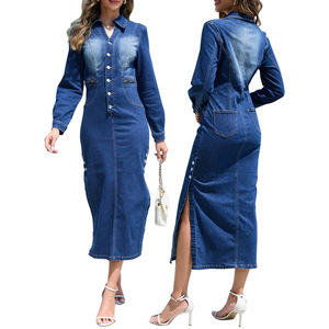 Nuevo Vestido Vaquero de Manga Larga con Abertura Lateral para Mujer, a la Moda - Product Image 1