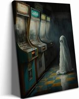 Art mural 'Ghost' pour salle de jeux rétro, toile d'arcade vintage, impression sur toile enveloppée thème néon sombre et effrayant, décoration pour Halloween, 'Man Cave' et chambre à coucher