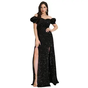 Vente en gros de robe de soirée noire à paillettes pour femmes, robe de soirée longue et élégante pour femmes, épaules dénudées, double fente, gala, bal, sirène, moulante, mariage