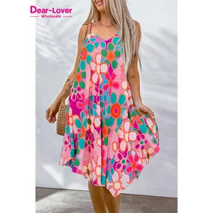 Dear-Lover Vestidos Pink Floral Print Spaghetti STraps Flowy Midi Dress