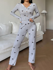 Set pakaian tidur 2 potong untuk wanita, atasan pas lengan panjang motif hati, pakaian tidur wanita pinggang elastis lembut berkerut - Product Image 4