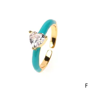 简约开口可调锆石铜爱心戒指女式戒指时尚对比色个性饰品