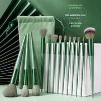 Vente chaude, ensemble de 13 pinceaux de maquillage professionnels en poils synthétiques de couleur verte, ensemble de pinceaux de maquillage, outil de maquillage, emballage en flanelle