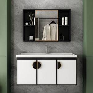 Mueble de Baño de Aluminio para Montar en la Pared, con Lavabo de Piedra Sinterizada, Espejo y Gabinete, Color Gris - Product Image 1