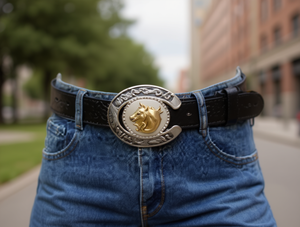 Ceinture décontractée en métal avec grande boucle en argent et or motif sabot de cheval, plaque de 5,0 cm - Product Image 2