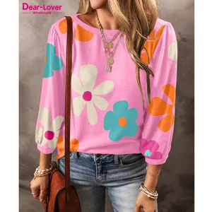Dear-Lover Private Label Wholesale Casual Cute Floral Flower Print Bracelet Sleeve Tops Blouses For Women Fashion