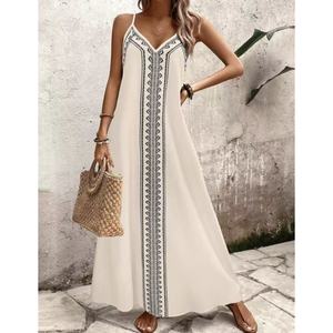 Abito Lungo Boho <span class=keywords><strong>con</strong></span> Motivo Solido e <span class=keywords><strong>Spacco</strong></span> Frontale, Allacciatura Naturale, Abbigliamento Casual per Festival, Stile Nomade - Product Image 1